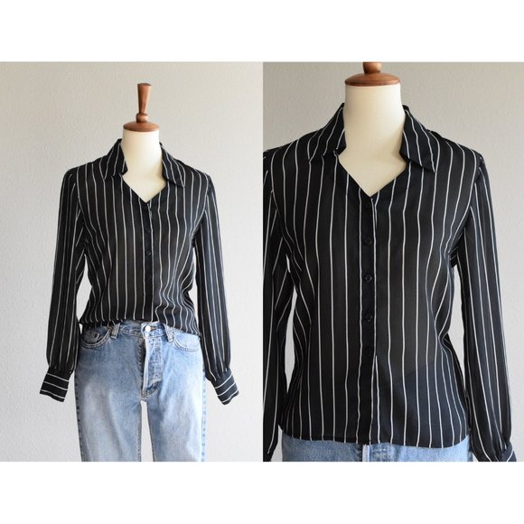 Classic black white sheer dress shirt Small - Picture 2 of 9